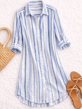 Calypso St Barth Blue Striped Linen Button Down Tunic Dress Size L Resort